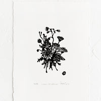 1: A linocut art print in black and white floral.