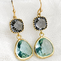 Grey / Prasiolite: A pair of two-stone bezeled gem earrings in grey and aqua.