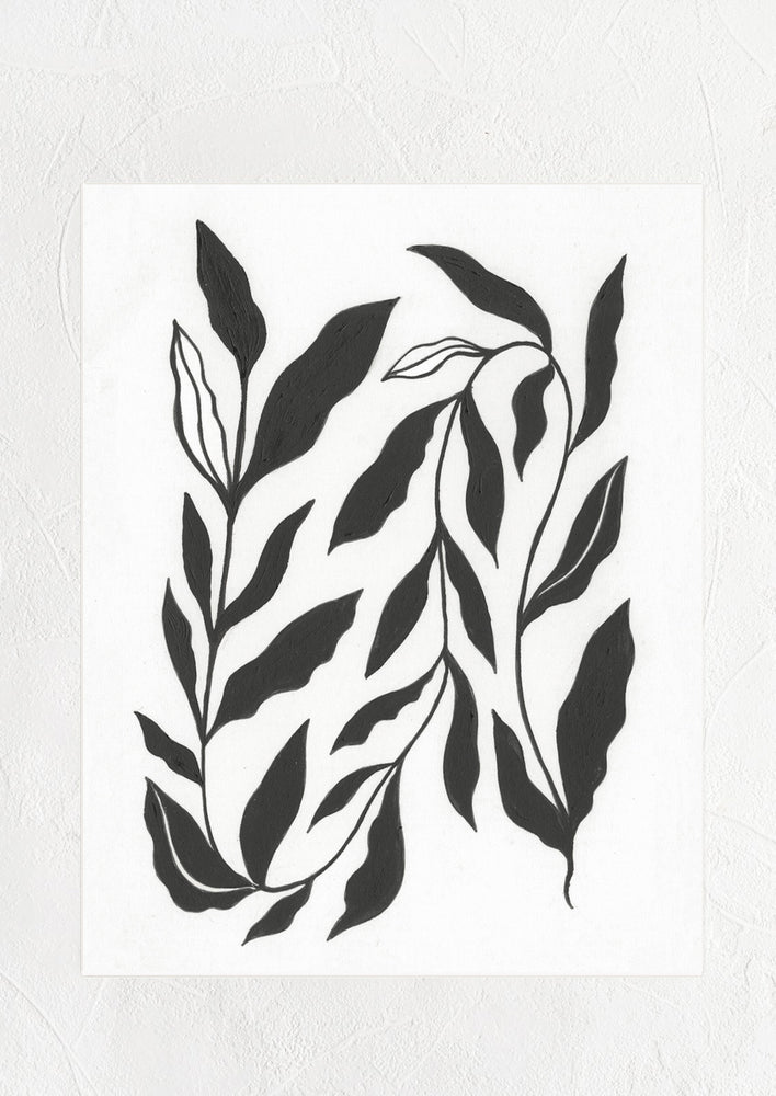 1: A digital art print of silhouetted black leaf print on white background.