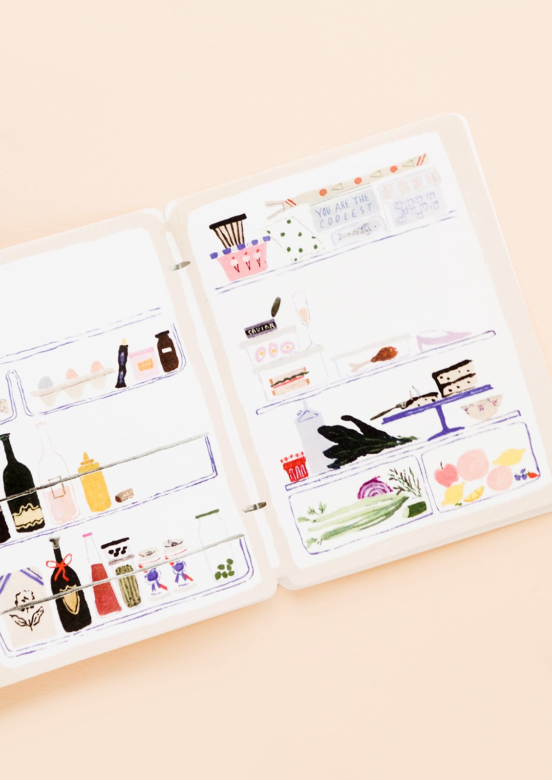 Inside of greeting card illustrated to look like contents inside a fridge, text reads "you are the coolest"