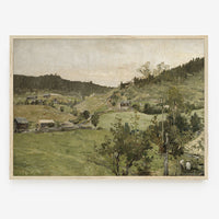 2: A vintage reproduction print of hilly landscape.