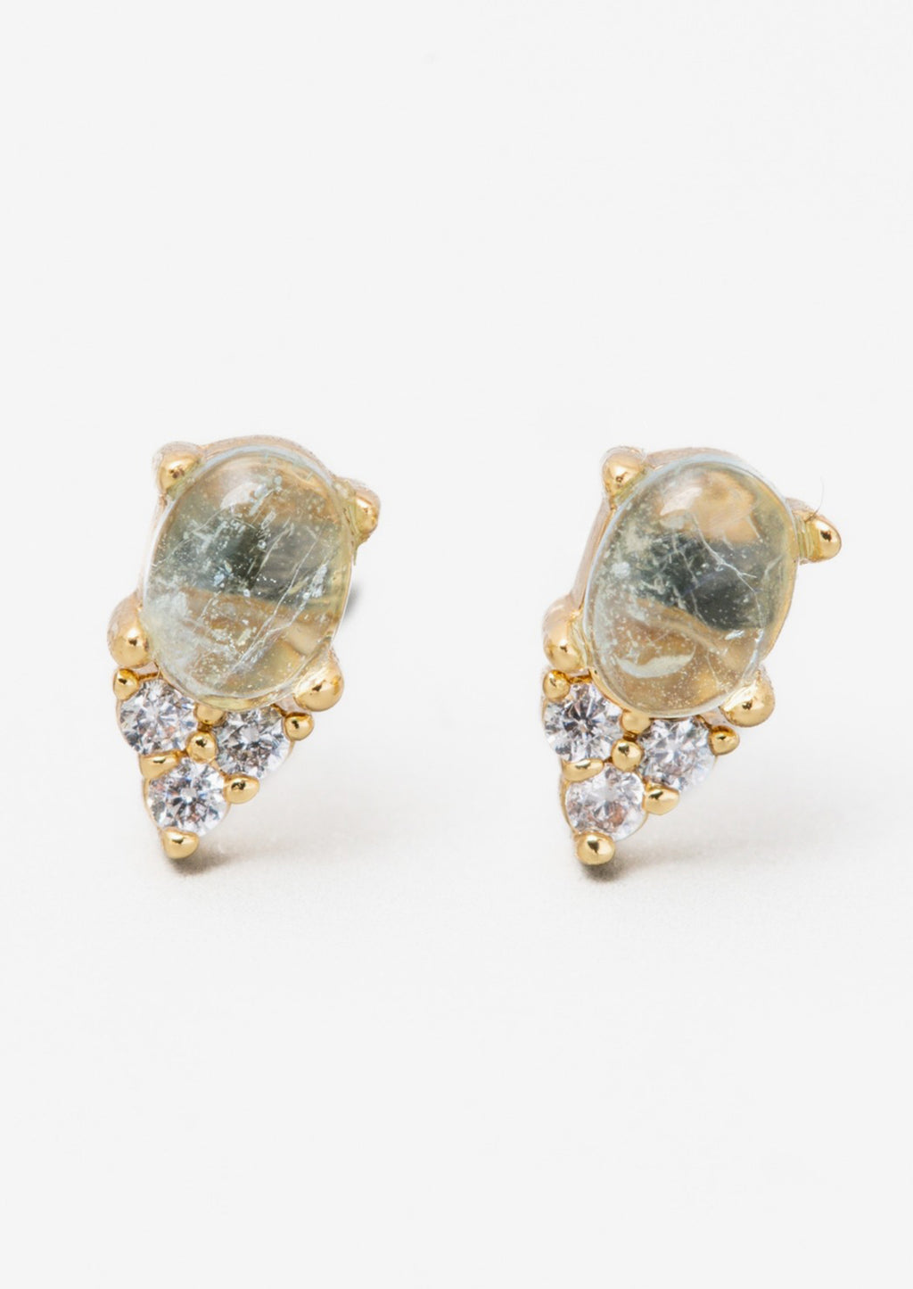Small: A pair of small aquamarine stud earrings in gold with crystal detail.