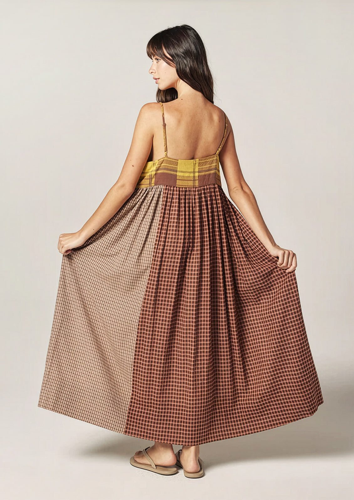Contrast midi dress XS/S / Mustard/ Brown / 100% Cotton