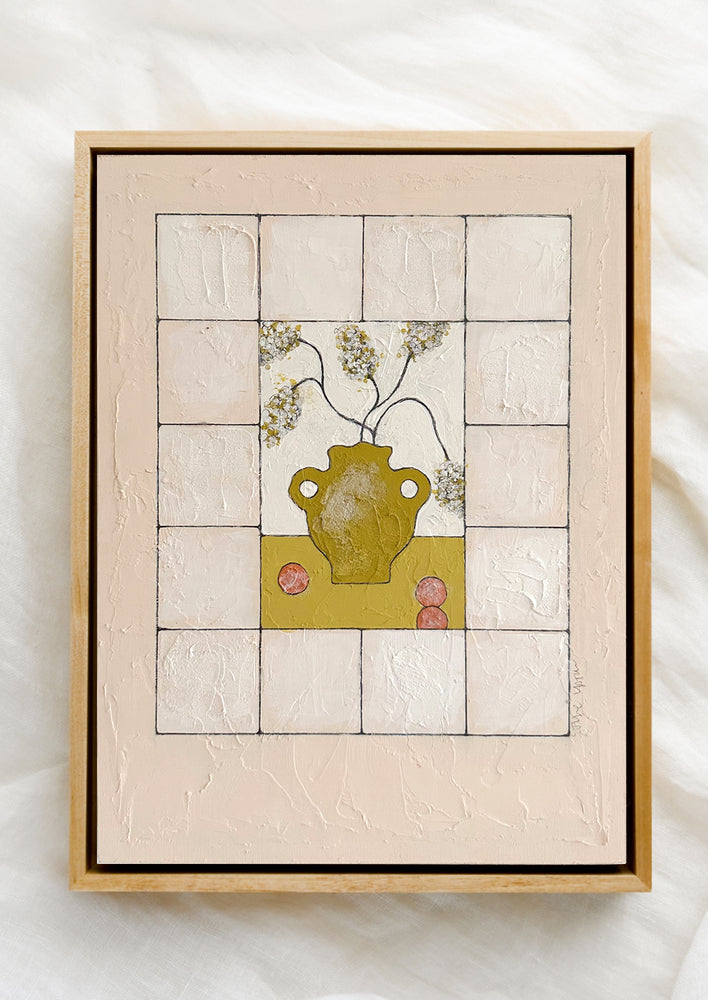 1: A still life painting of chartreuse vase, flowers and citrus on tile grid.
