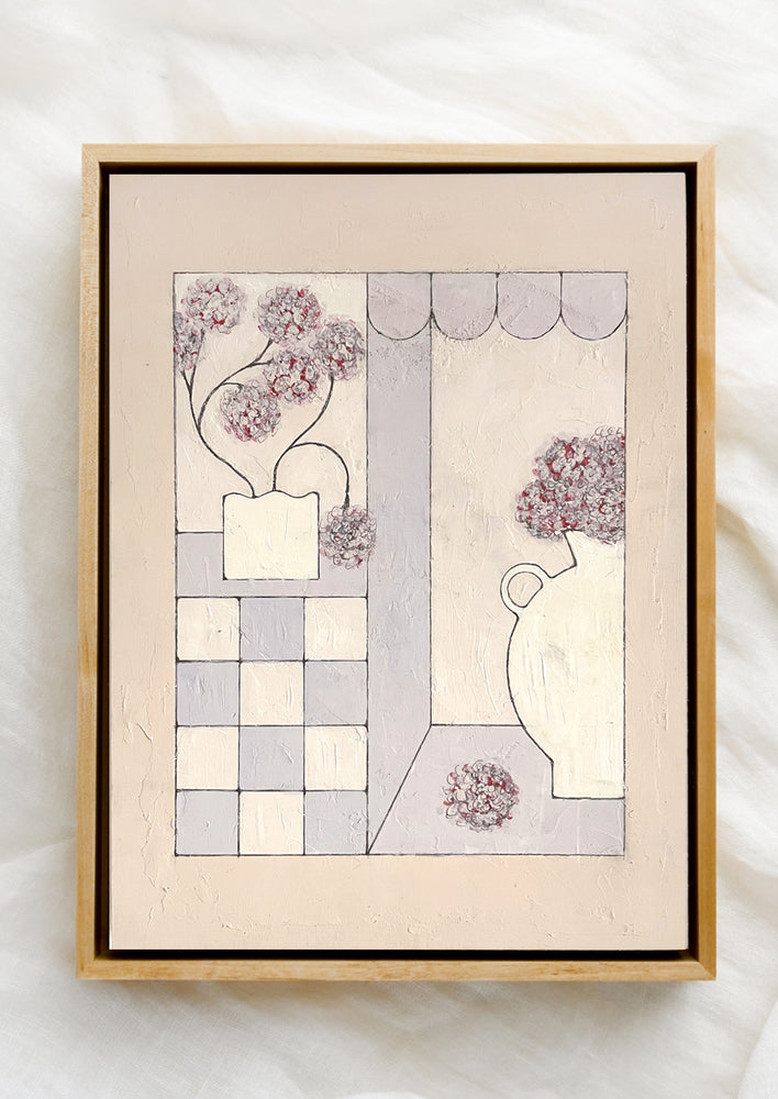 An original painting of flower and vases still life scene on tile grid.