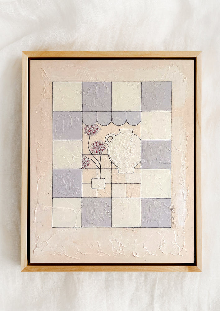 A still life painting with tile grid and hydrangeas in vase.