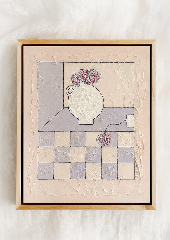 A textured still life painting in periwinkle and blush with maple frame.