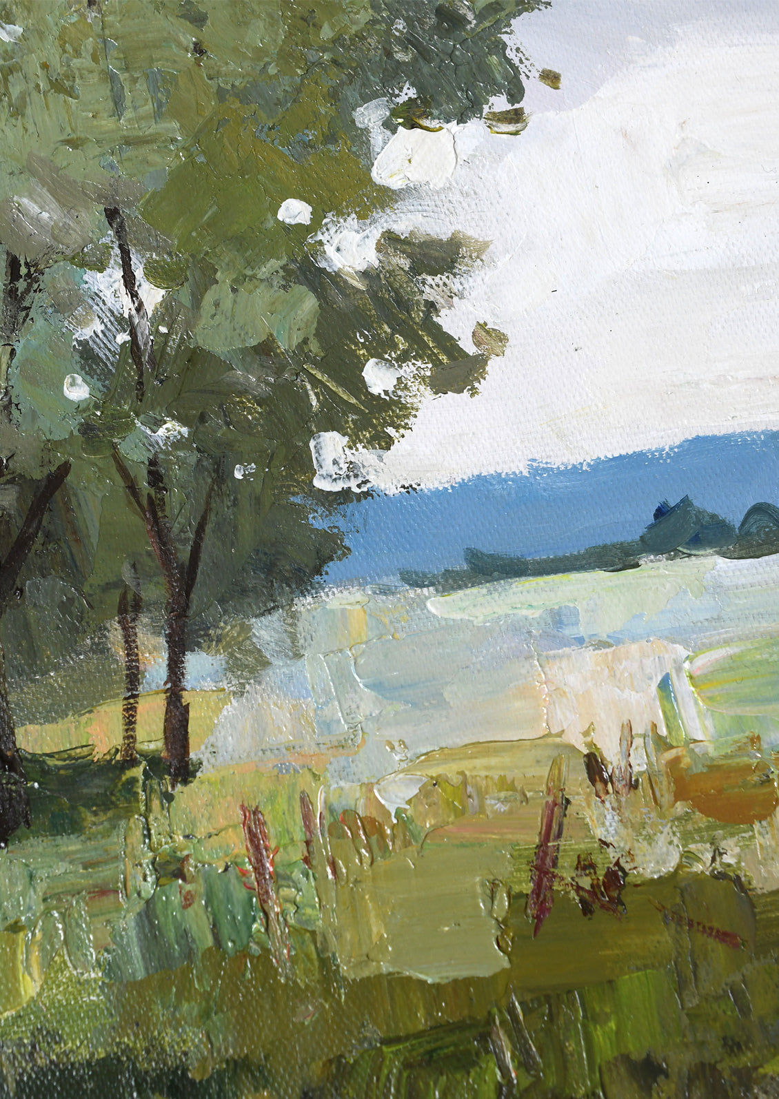Impressionistic landscape painting featuring green trees, a grassy field, distant blue hills, and a pale sky, rendered with visible brushstrokes.