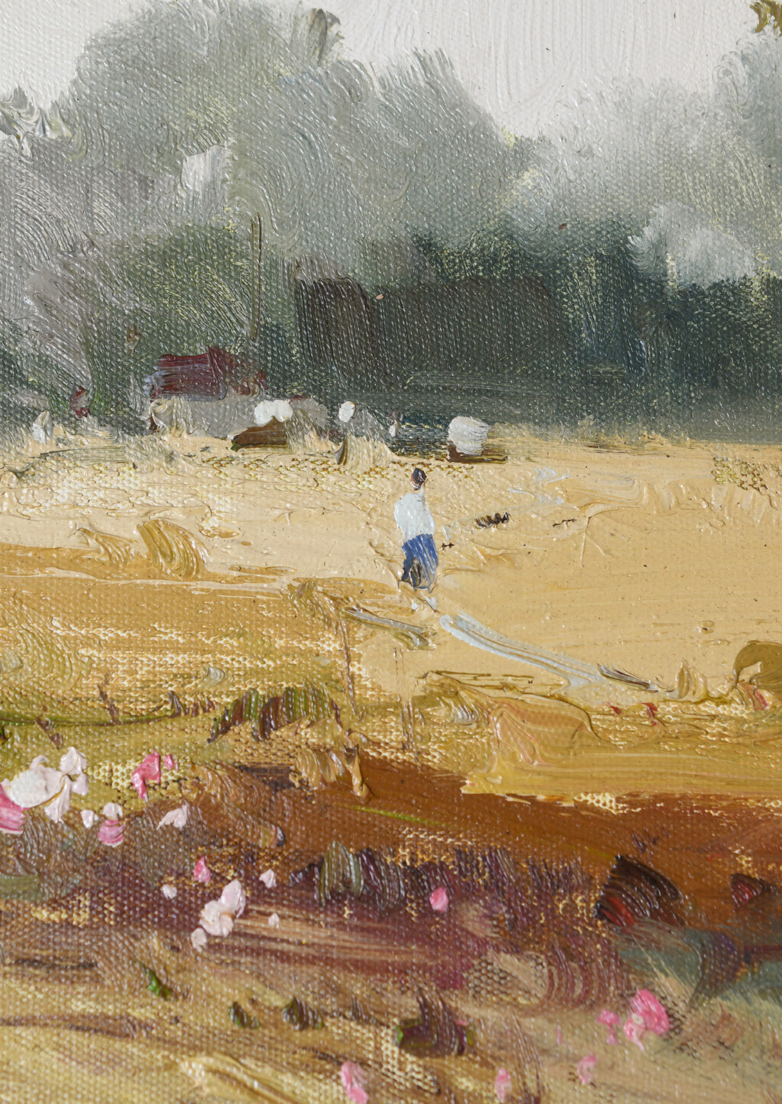 An impressionistic oil painting depicting a rural landscape with a figure walking across a golden field toward dark trees, with pink flowers in the foreground.