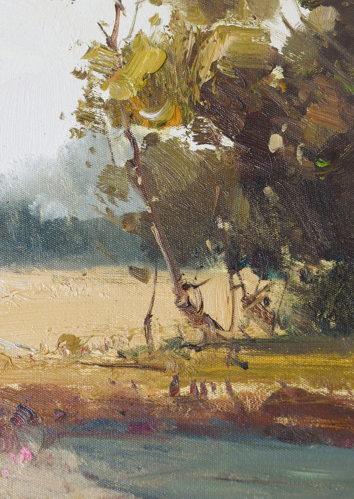 Impressionistic landscape painting featuring a tree with textured brushstrokes in shades of green, brown, and yellow, set against a pale sky and a reflective blue body of water in the foreground.