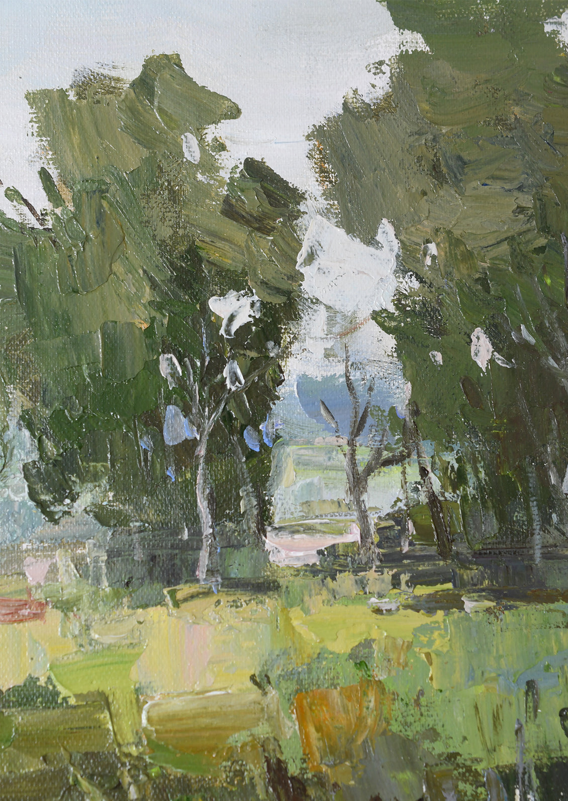 Impressionistic landscape painting of a tree-lined path or field, rendered in expressive brushstrokes of green, yellow, white, and gray.