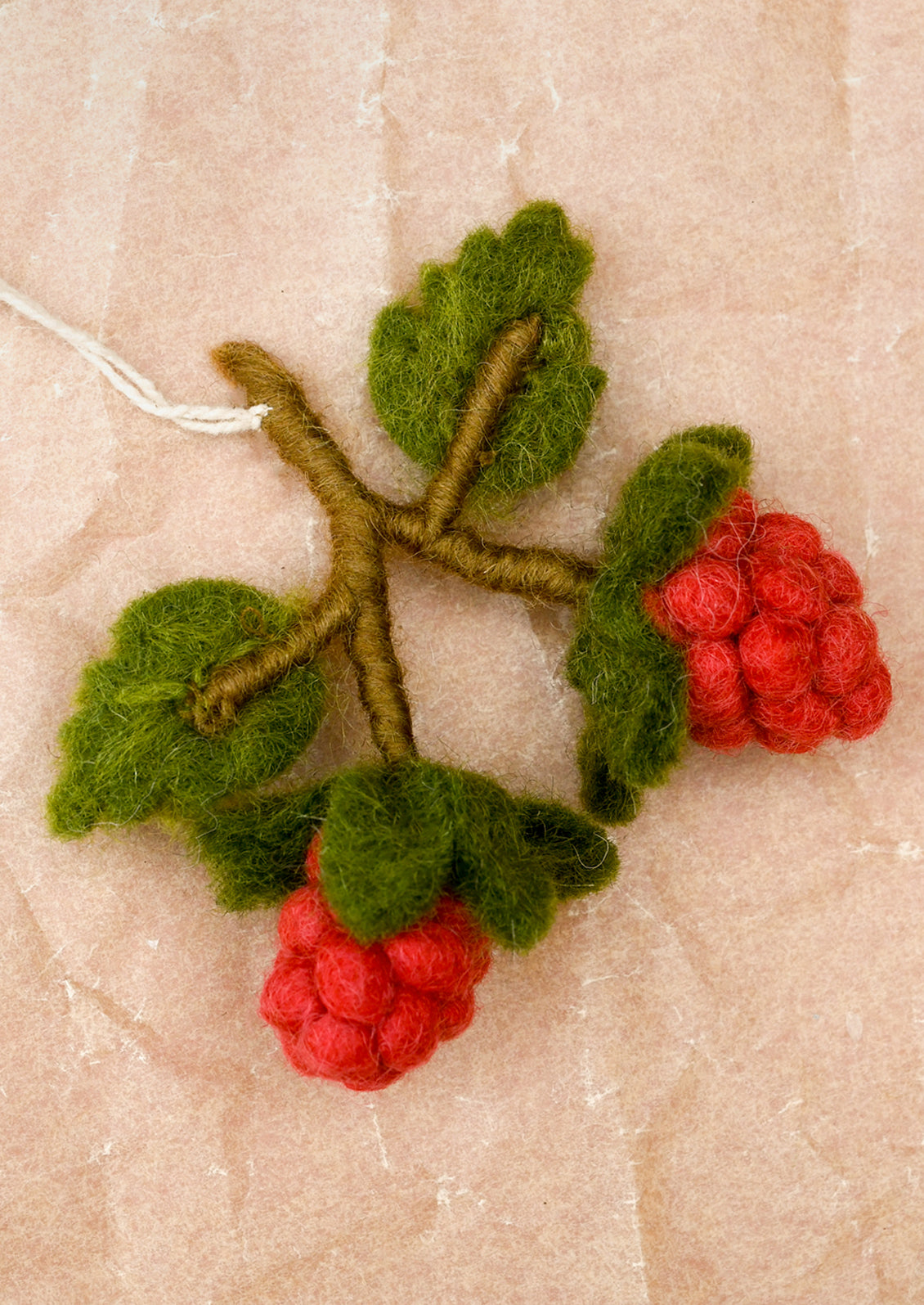 A handcrafted felted wool raspberry ornament on a brown branch with green leaves and red berries, displayed on a textured beige background.