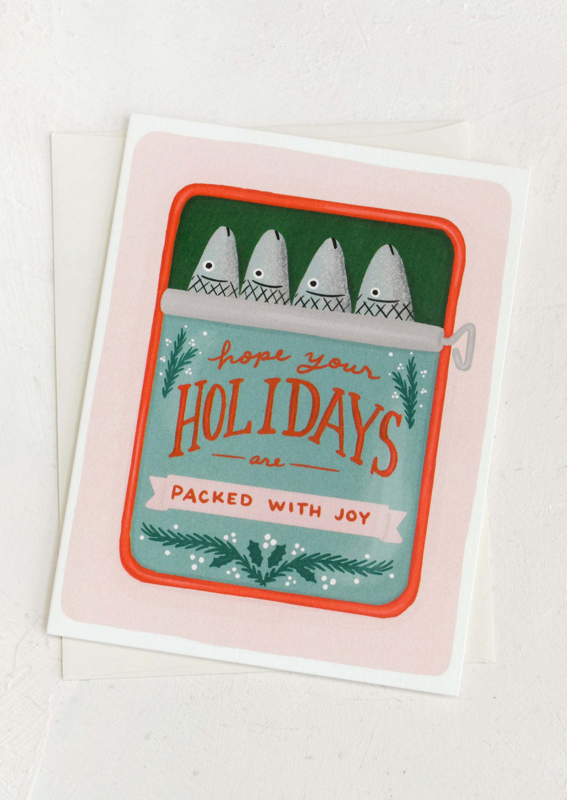 A set of cards with sardine tin illustration, text reads "Hope your holidays are packed with joy".