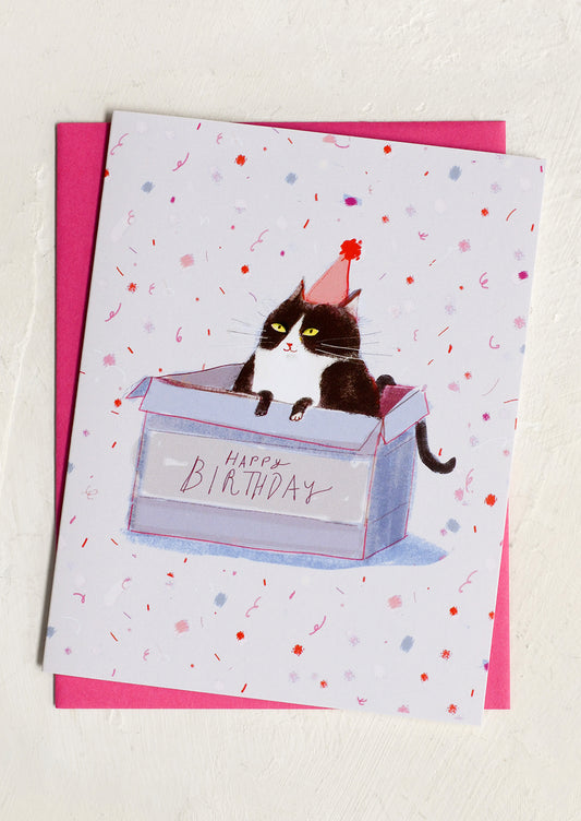 Birthday card with a cat in a box and confetti on a white background