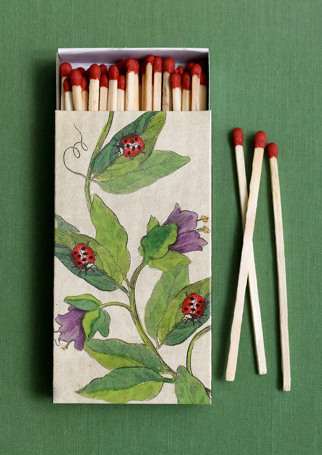 A matchbox with garden ladybug design, holding red-tipped matches.