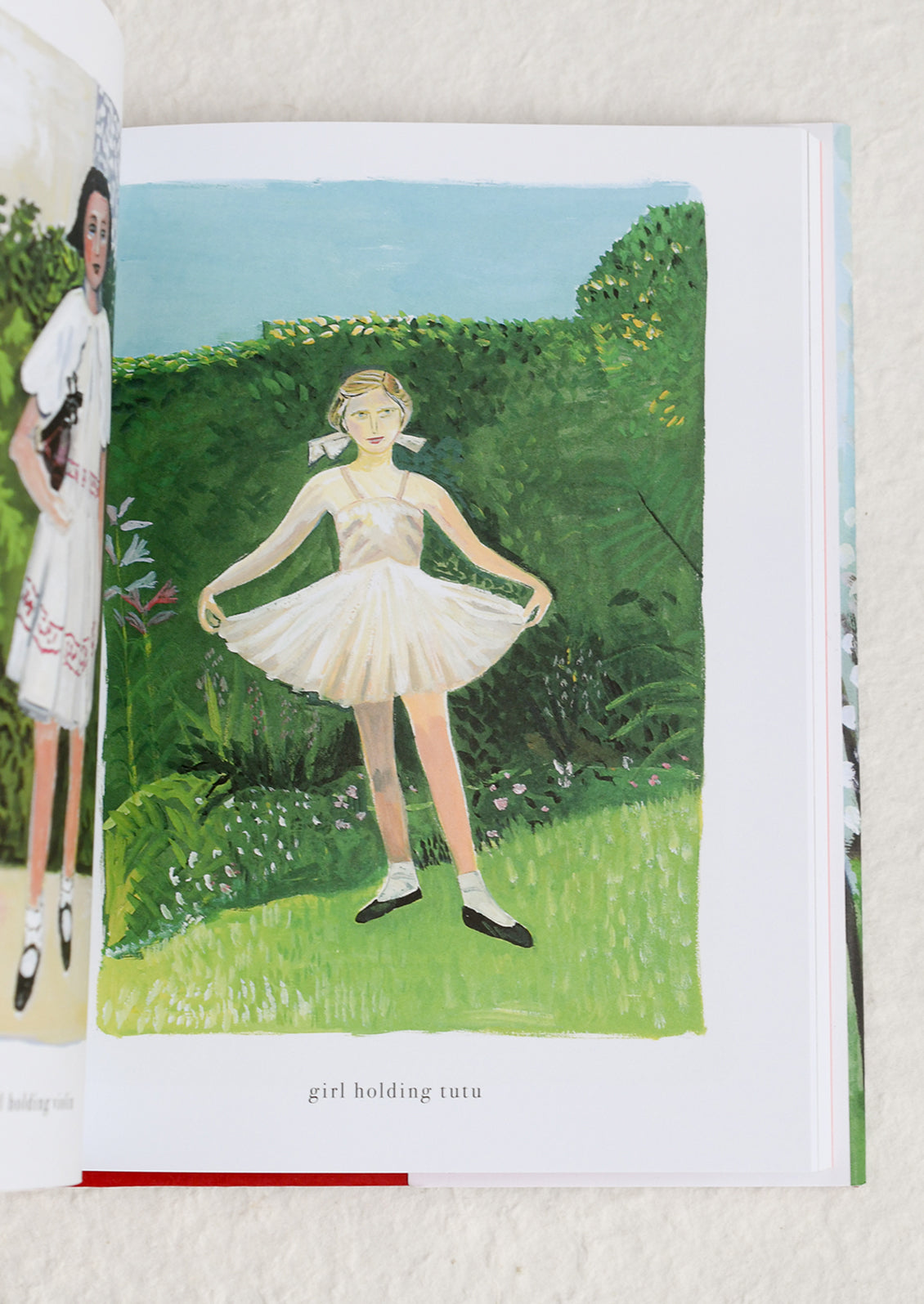 Illustration of a girl holding a tutu in a garden setting