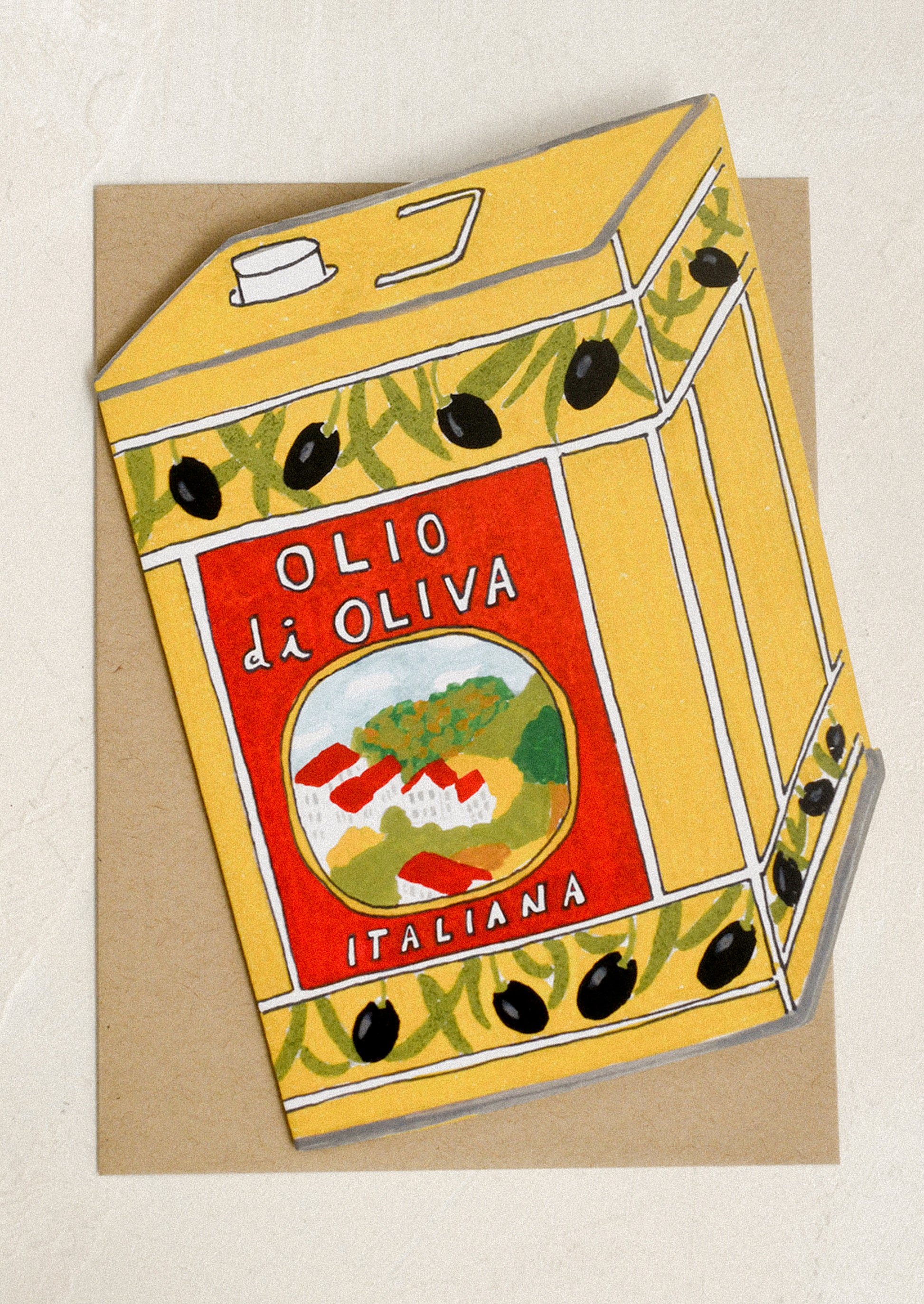 Olive oil box card with 'Olio di Oliva Italiana' design.