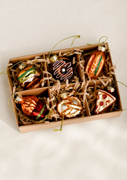Boxed set of assorted junk food glass ornaments.