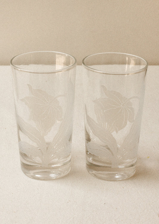 A pair of clear tall tumblers with frosted white daffodil graphic.