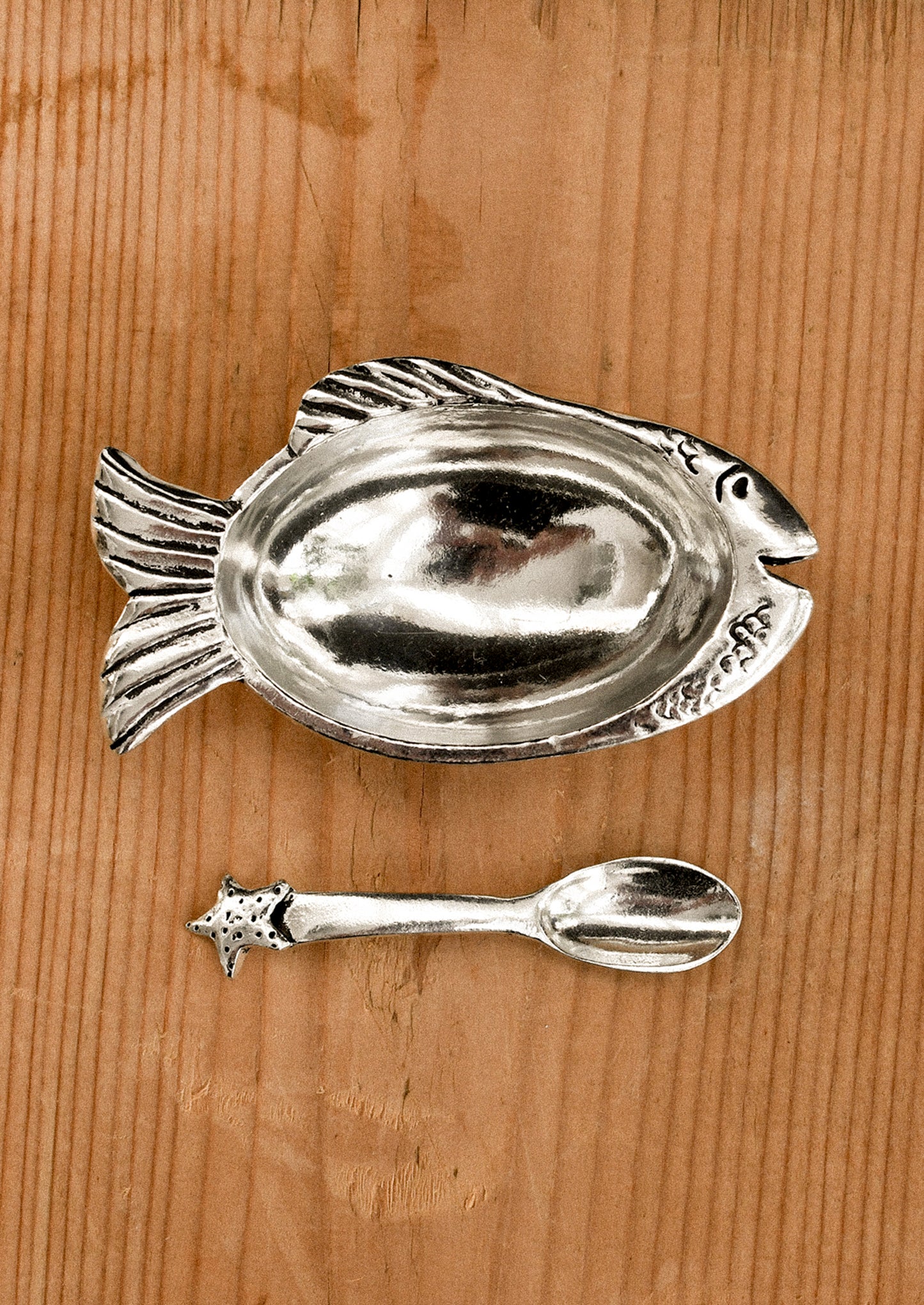 Silver fish-shaped dish and spoon on a wooden surface
