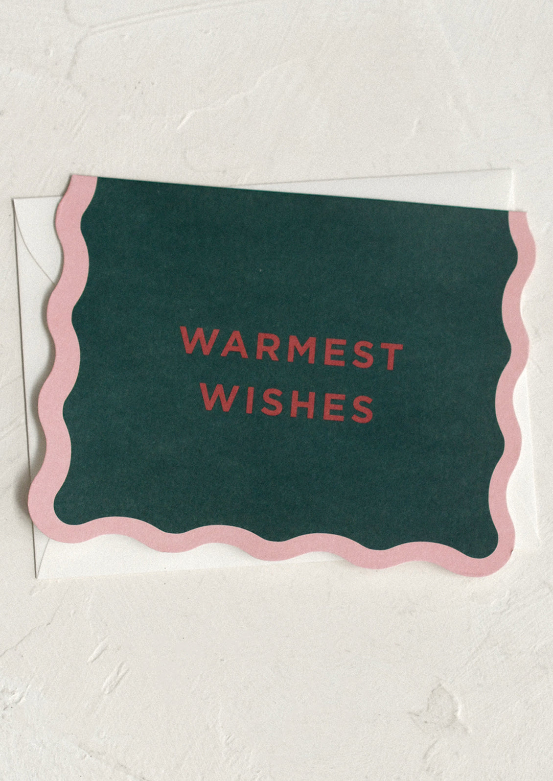 A set of green greeting cards with pink wavy border, text reads "Warmest Wishes".