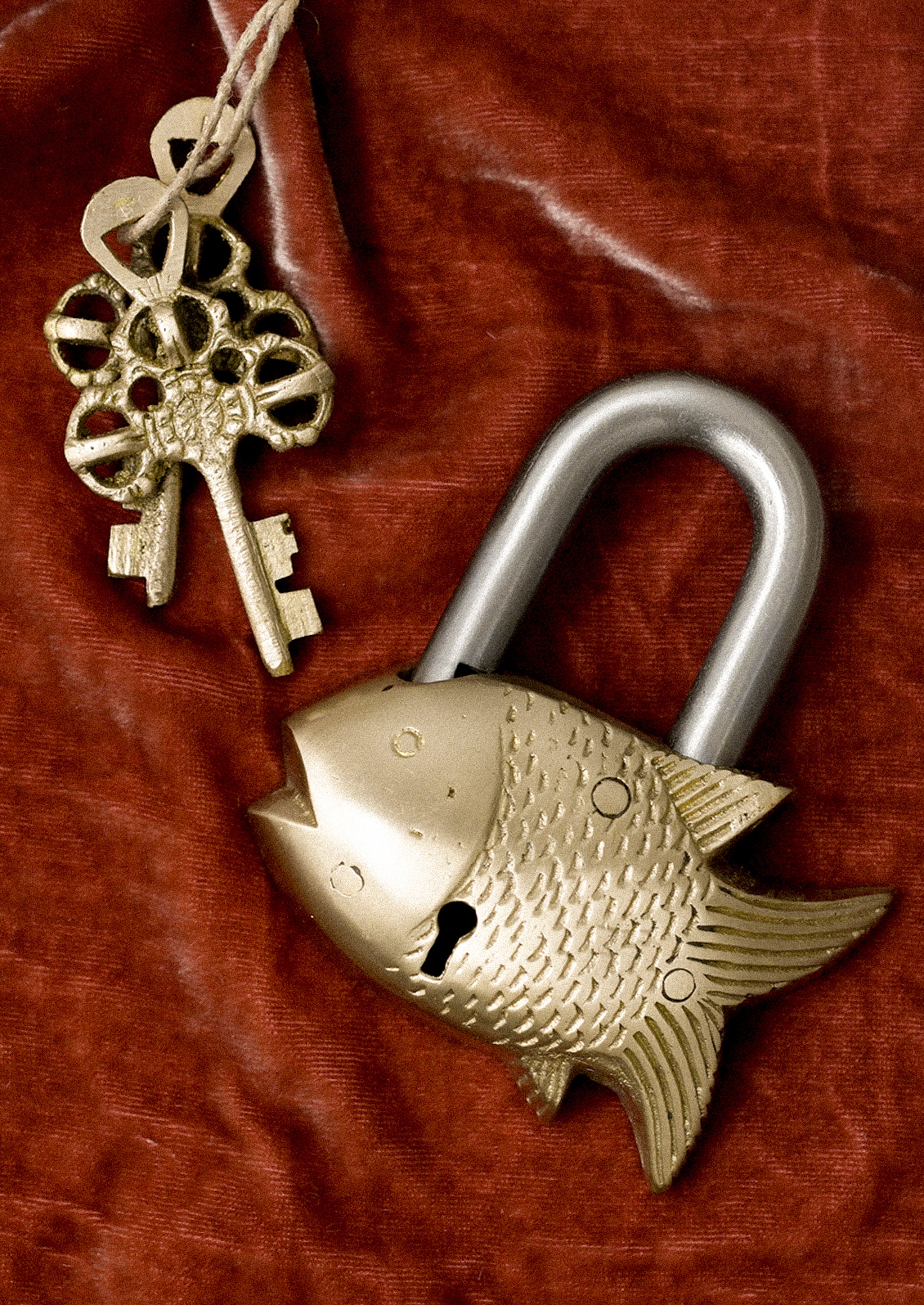 Decorative fish-shaped padlock with key on a brown background