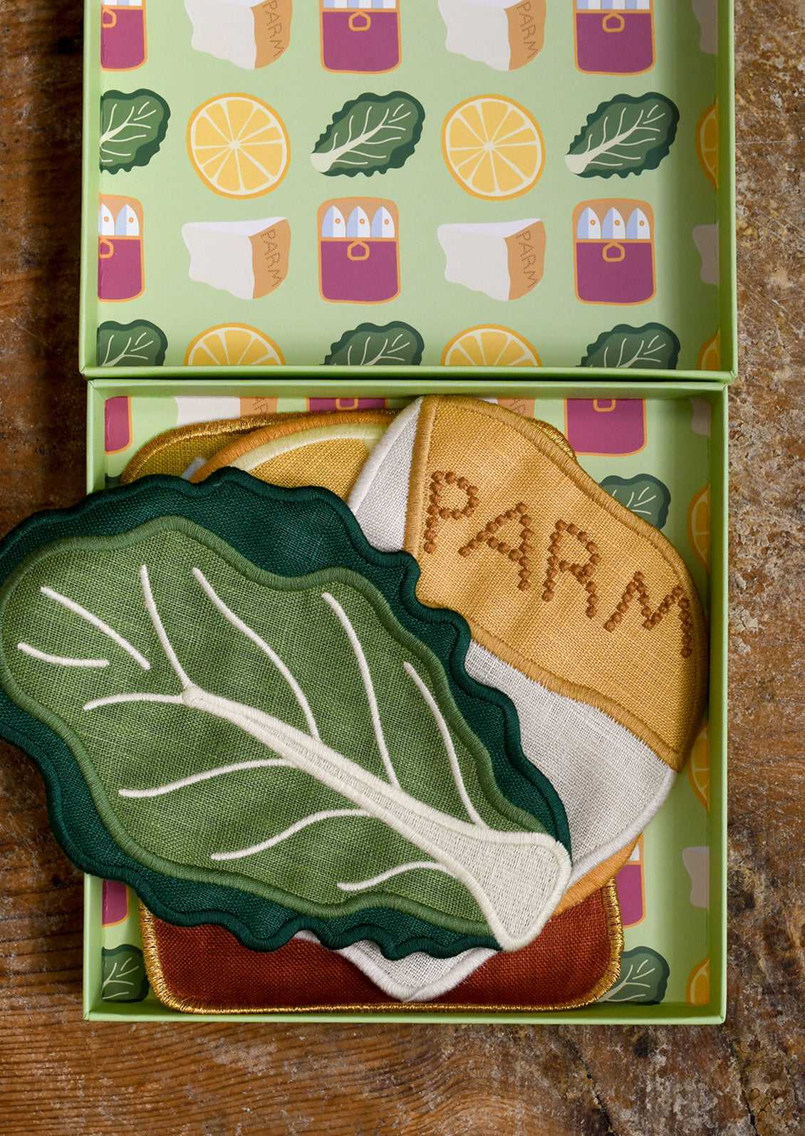 Decorative cocktail napkins in caesar salad theme.