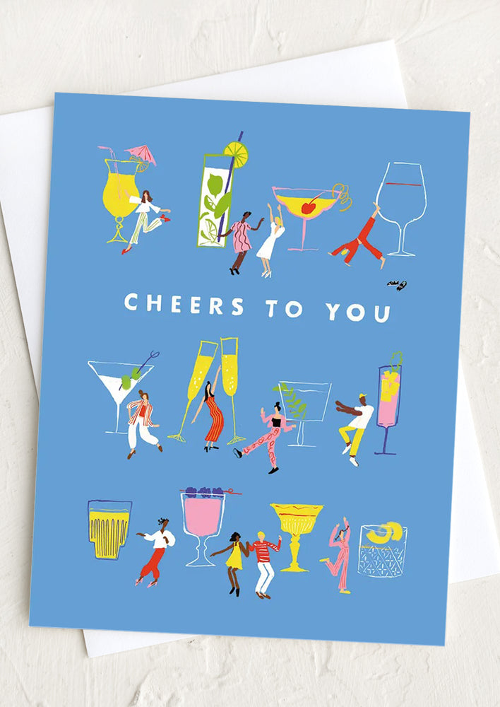 Illustrated card with people dancing next to giant cocktails.