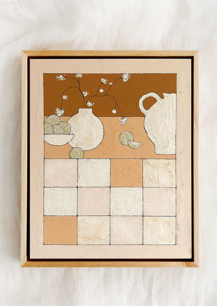 A still life painting of vases and melons on tile grid.
