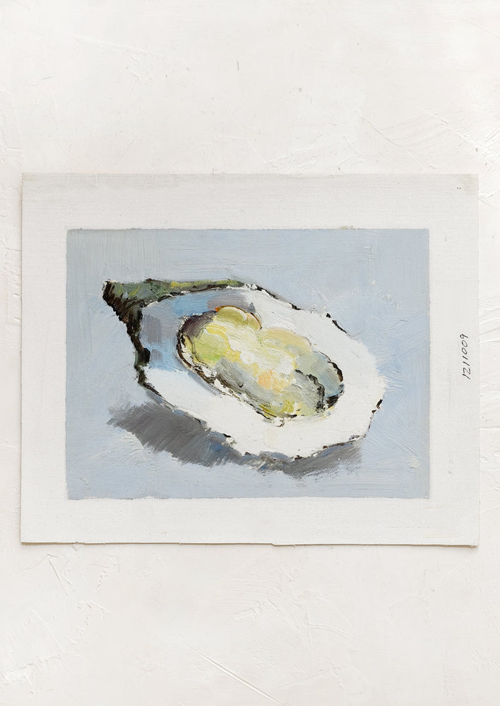 An original oil painting on unstretched canvas of oyster still life on blue background.