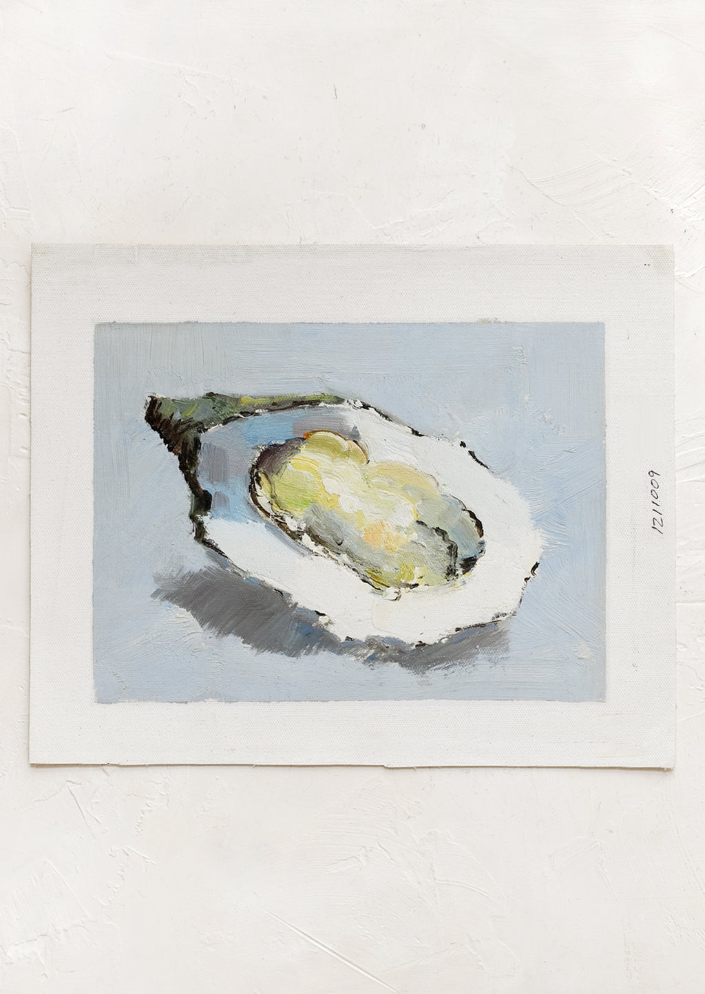 1: An original oil painting on unstretched canvas of oyster still life on blue background.