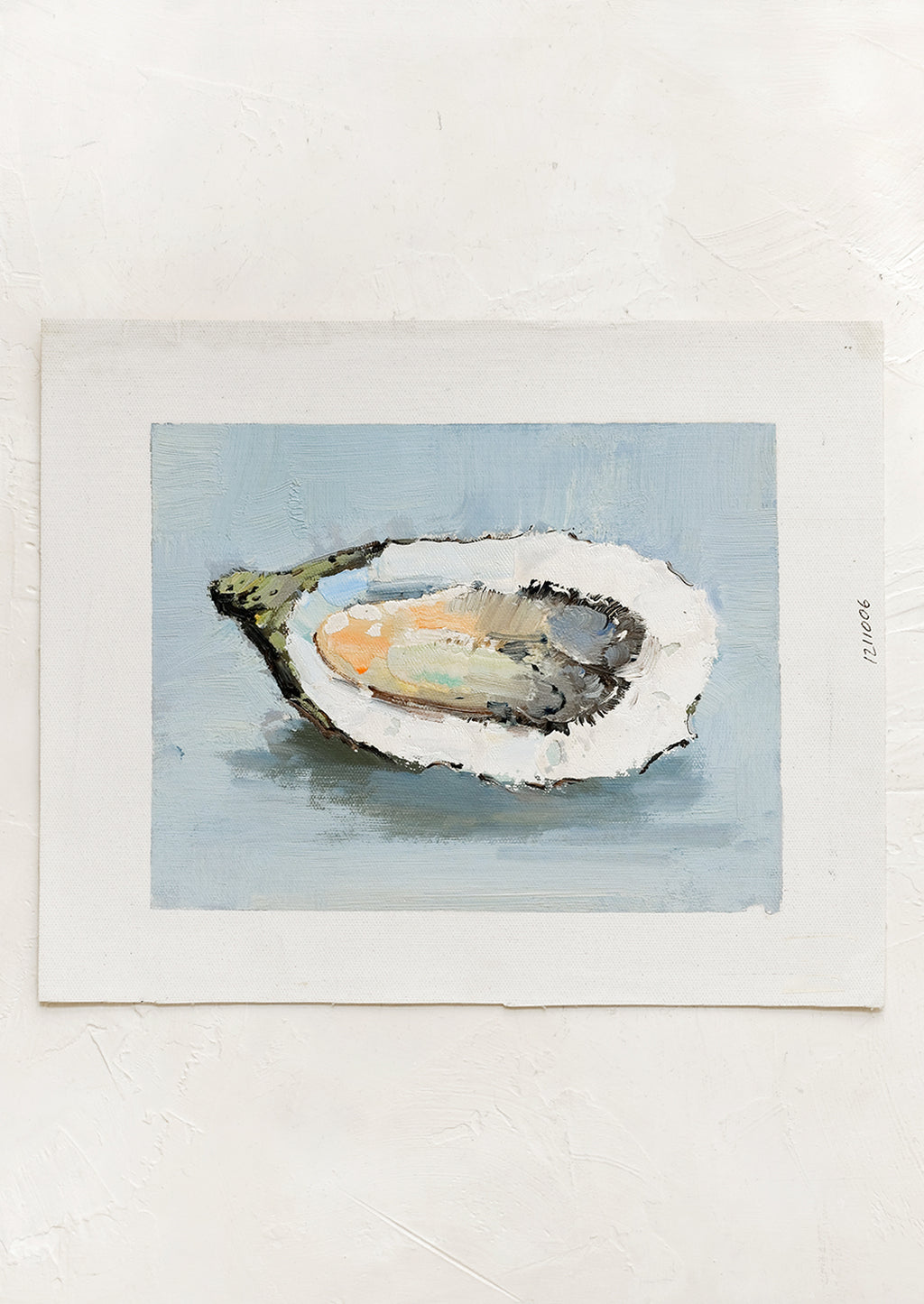 1: An original oil painting of oyster on blue background.