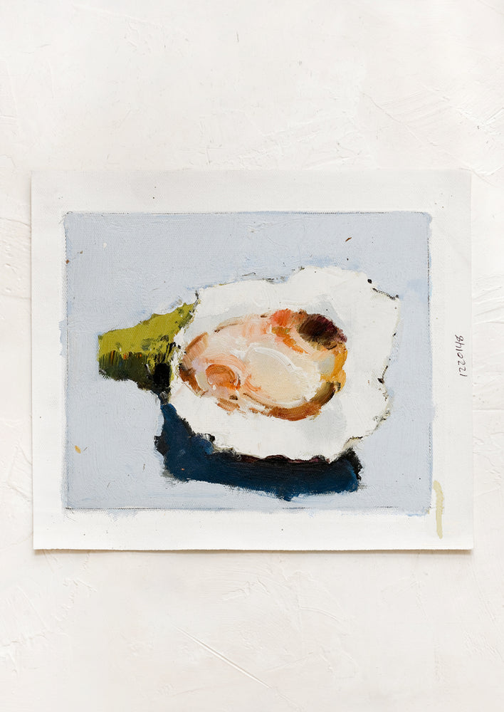 An original oil painting of oyster still life on light blue background.