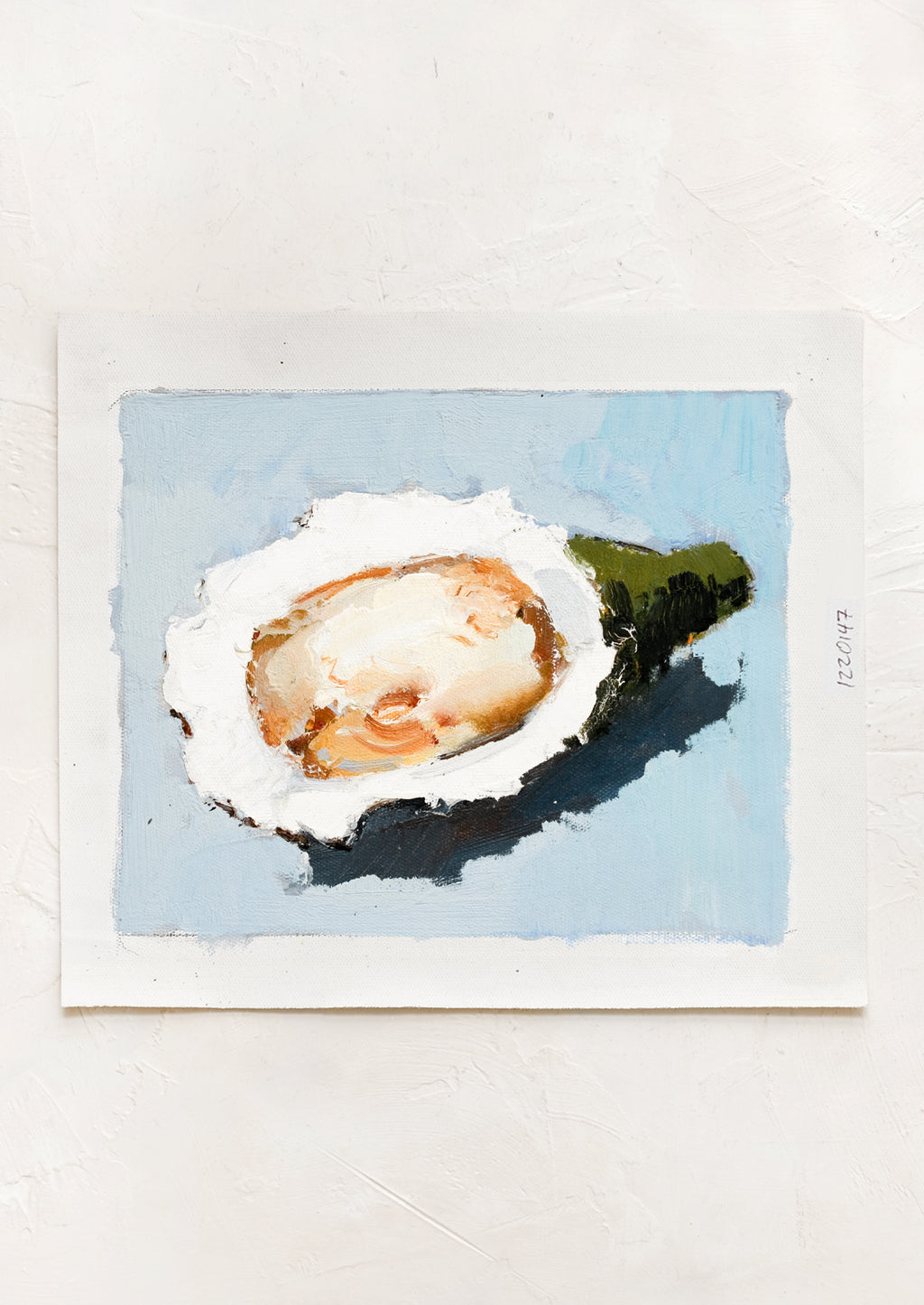 1: An original oil painting on unstretched canvas of oyster still life on blue background.