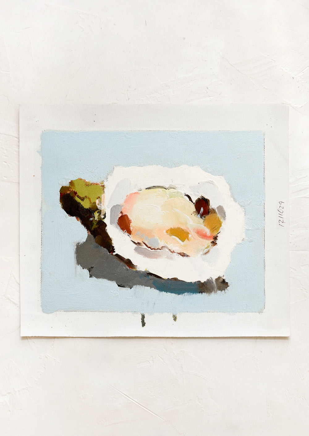 An original oyster still life painting on blue background.
