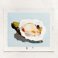 1: An original oyster still life painting on blue background.