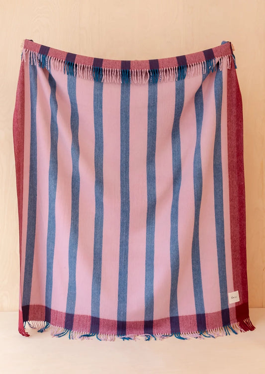 A throw blanket with vertical pink and blue stripes, fringed along the top and bottom edges.