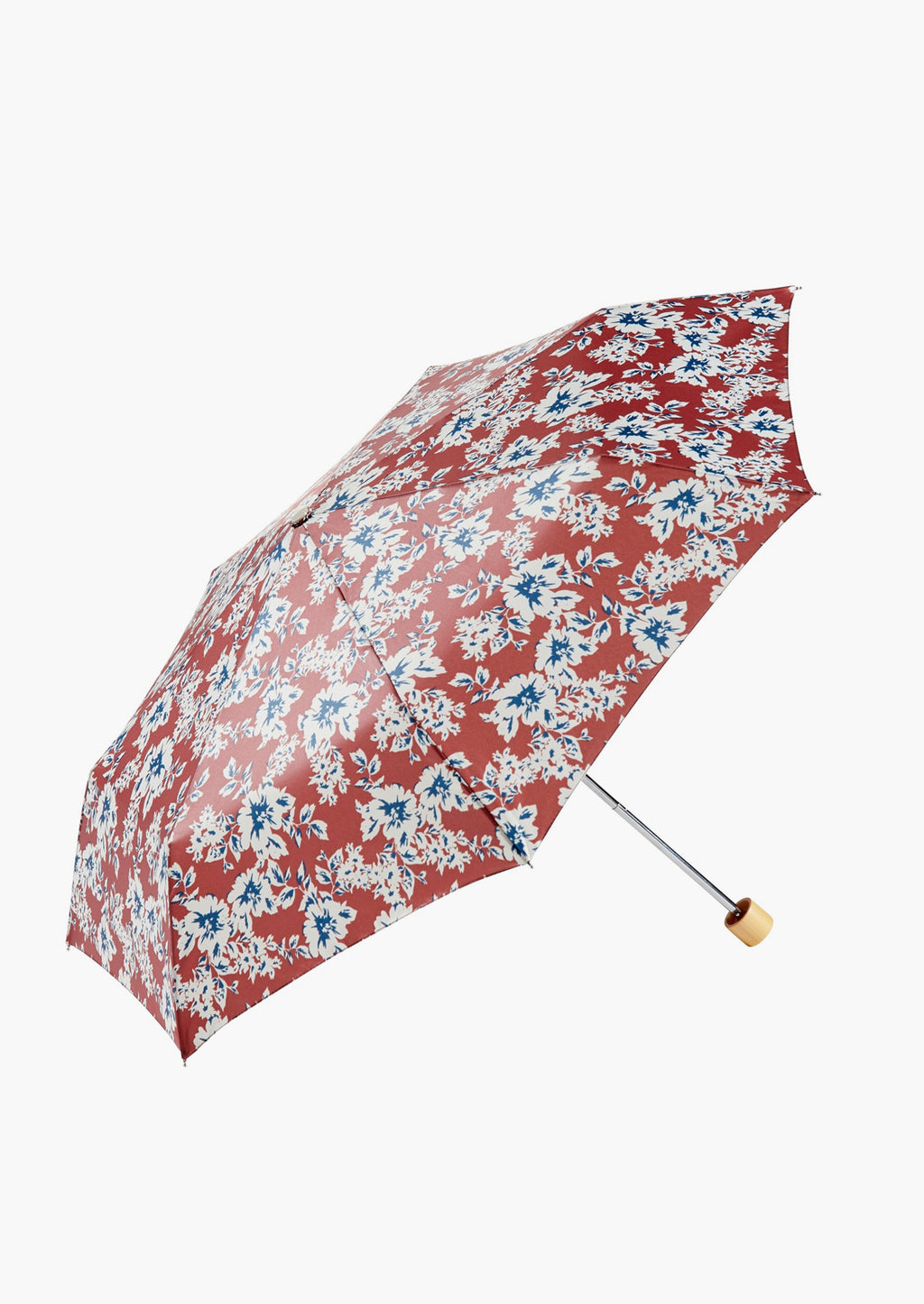Crimson / Navy Blue: A red and navy floral print umbrella.