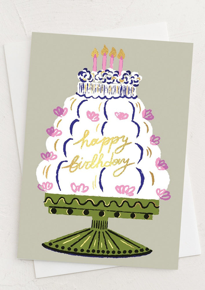 A birthday cake card reading Happy Birthday in gold letters.