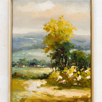 1: An original oil landscape painting with tree and houses in distance.