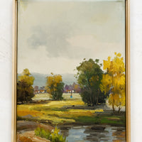 1: A framed oil landscape painting of trees near a pond.