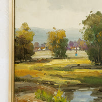 2: A framed oil landscape painting of trees near a pond.