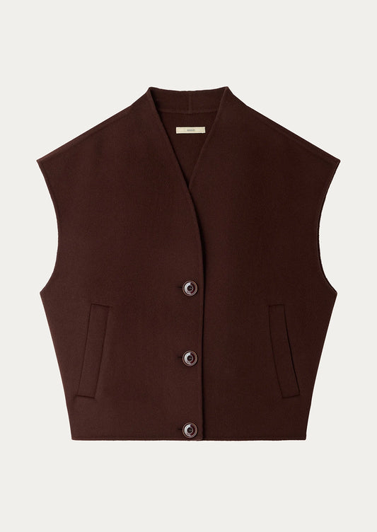 A dark brown sleeveless cropped vest with a V-neck, three front buttons, and two vertical welt pockets on a light gray background.