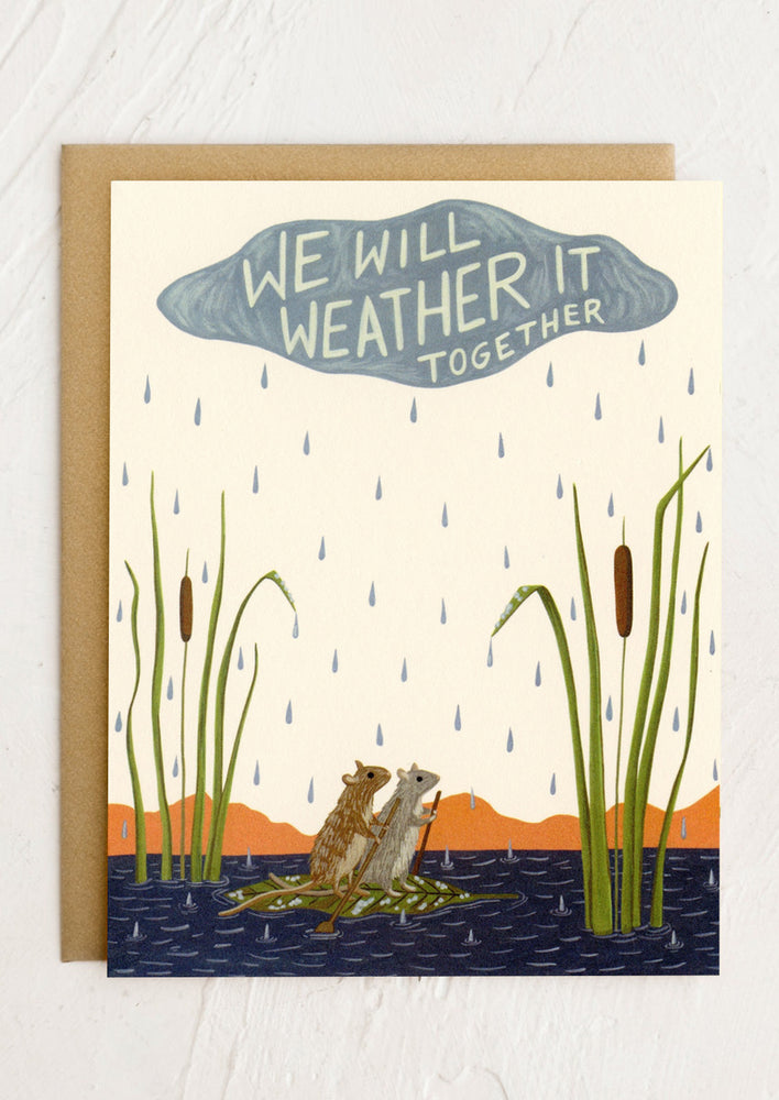 An illustrated card reading "We will weather it together".