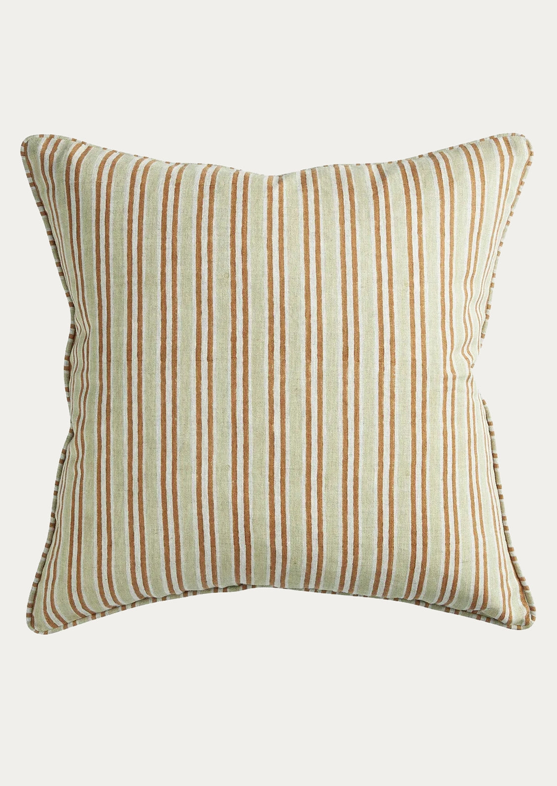 A square throw pillow with vertical stripes in warm brown and beige on an off-white linen-like background, shown against a solid light gray background.