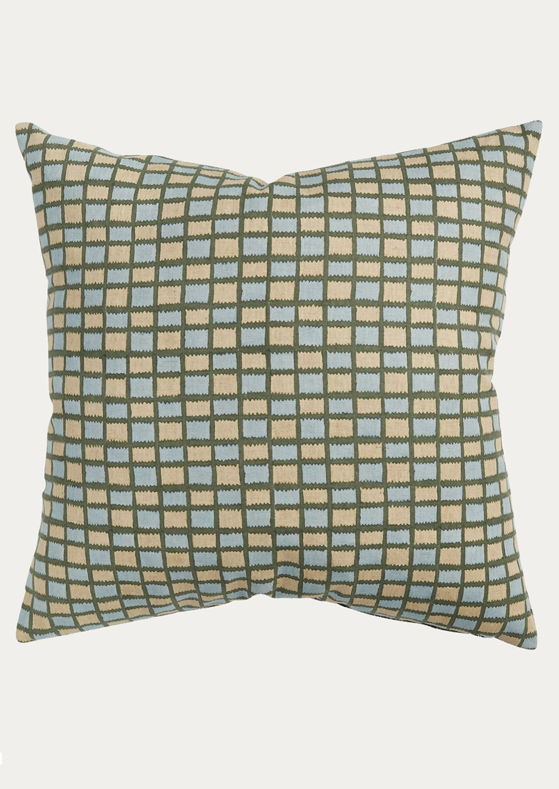 A square throw pillow featuring a woven geometric checkered pattern in sage green, light blue, and beige, shown against a plain light gray background.