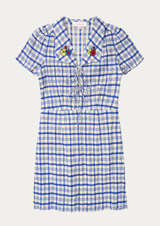 A blue and white plaid mini dress with primary colored floral embroidery at collar.