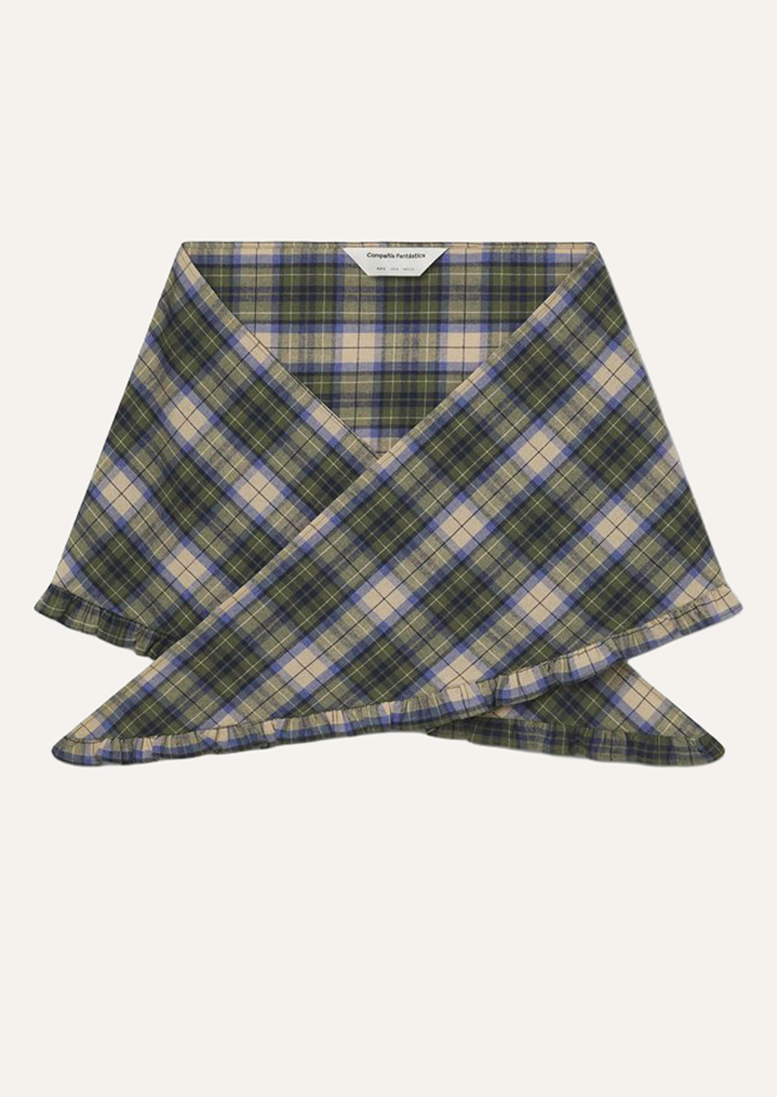 A cotton scarf with ruffle trim in green plaid pattern.