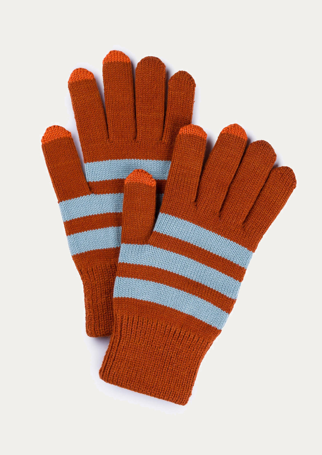 Pair of brown gloves with blue stripes on a light gray background