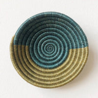 Lagoon / Olive: A woven sweetgrass bowl in lagoon and olive.